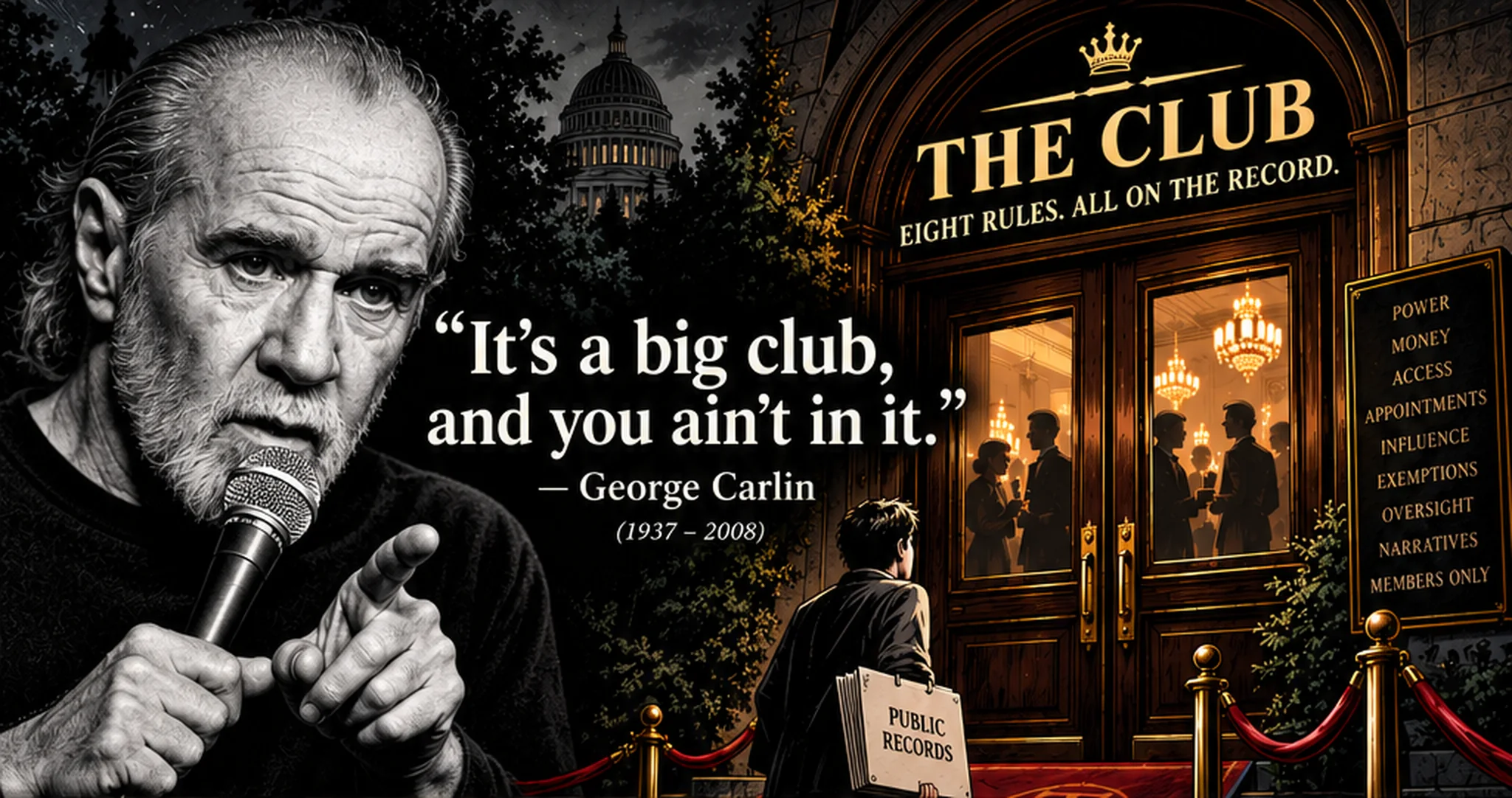 Black-and-white portrait of George Carlin at a microphone, pointing, beside his line “It’s a big club, and you ain’t in it.” (George Carlin, 1937–2008). To the right, a young man carrying a folder marked Public Records walks toward the lit doors of The Club, eight rules, all on the record, past velvet ropes and a brass board listing power, money, access, appointments, influence, exemptions, oversight, narratives: members only.