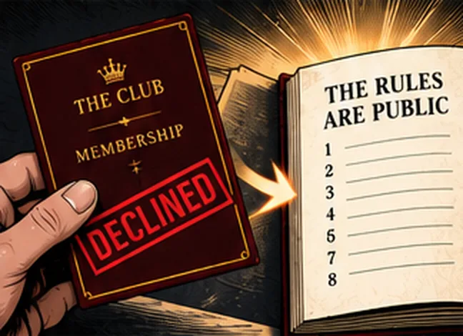 A hand holds a red Club membership card stamped Declined beside an open book titled The Rules Are Public, rules one to eight