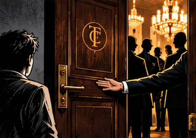 Someone inside holds the club door open for a man in a dark suit while another waits outside