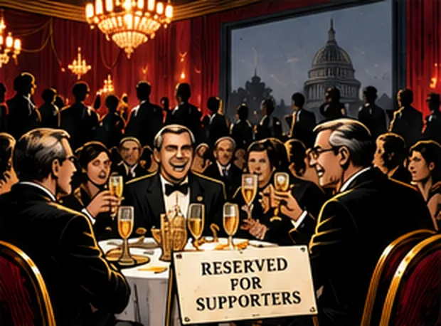 Donors toast at a fundraiser table marked Reserved for Supporters, a capitol dome in the window