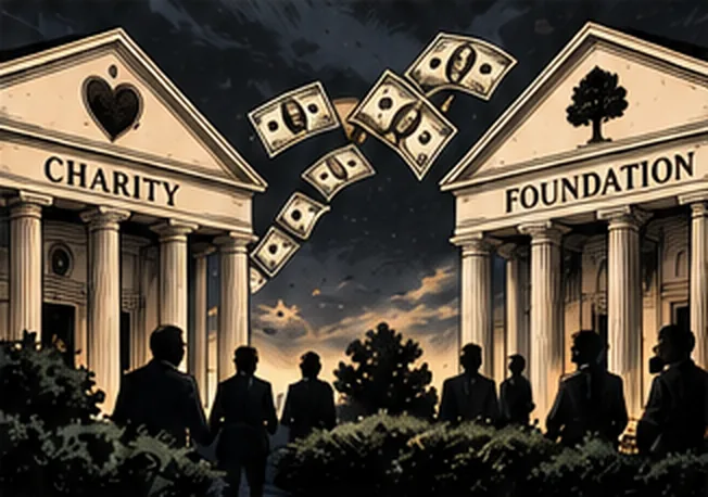 Banknotes fly from a building marked Charity to one marked Foundation