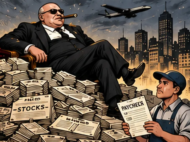 A man with a cigar reclines on a mountain of stock certificates while a worker holds up his paycheck