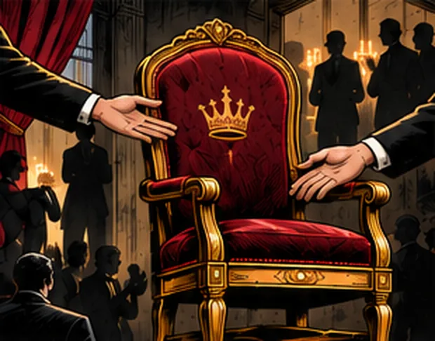 Hands in dark sleeves pass a crowned red chair between them