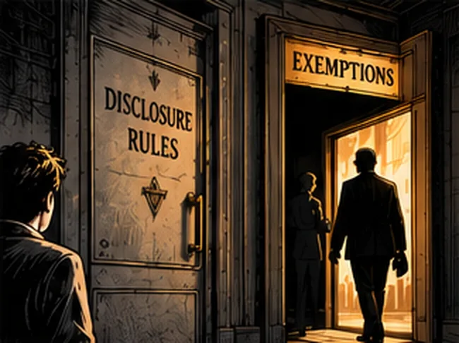 A man walks through a lit doorway marked Exemptions beside a shut door marked Disclosure Rules