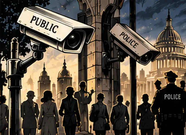 Cameras labelled Public and Police watch a crowd in the street