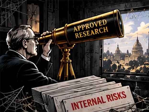 A man looks out the window through a telescope marked Approved Research while files marked Internal Risks gather cobwebs behind him